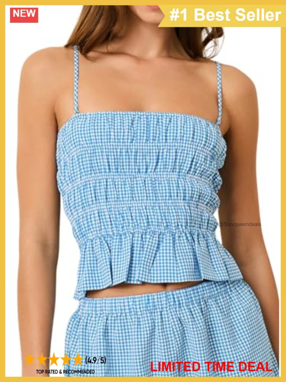Womens 100% Cotton Gingham Plaid Ruffle Hem Crop Cami Top Removable Adjustable